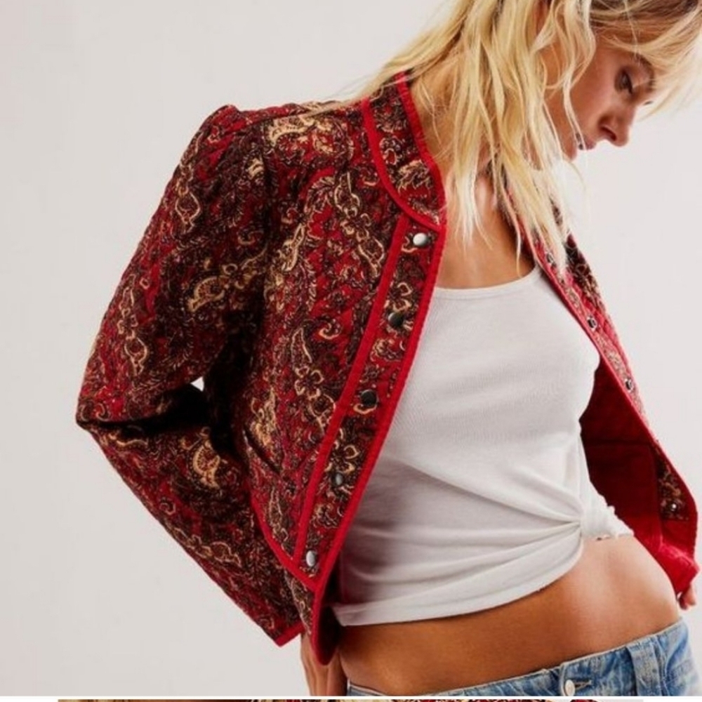FREE PEOPLE Women's Zoey Quilted Peplum Cherry Floral Boho Cottage Jacket Sz XS